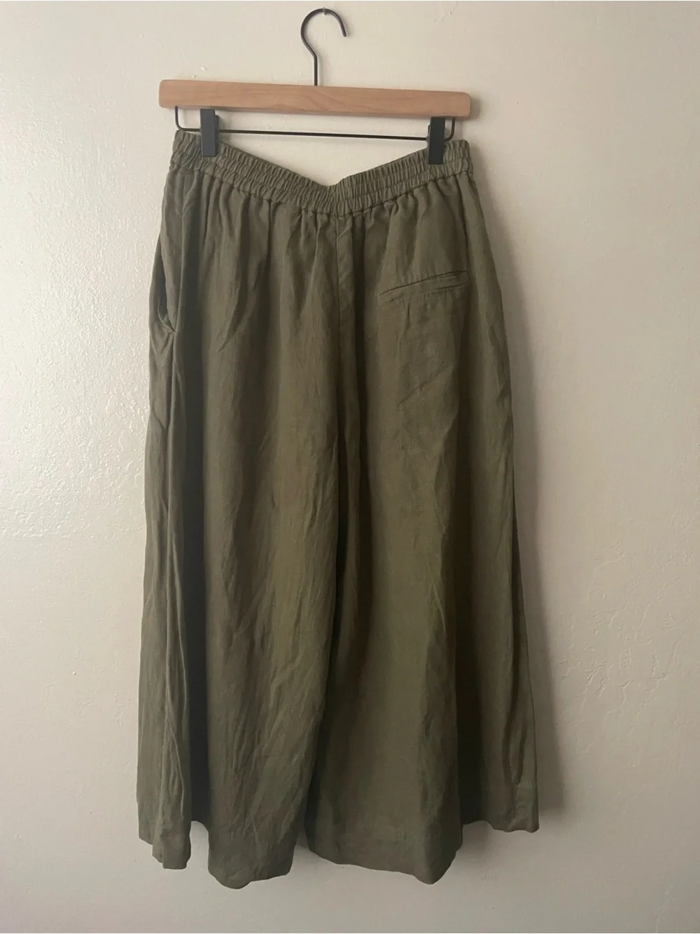 COS Olive Elastic Waist Wide Leg Cropped Linen Trousers